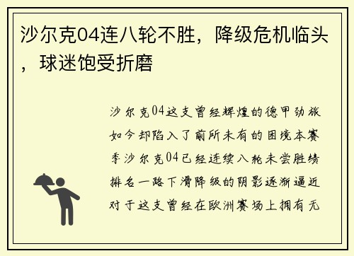 沙尔克04连八轮不胜，降级危机临头，球迷饱受折磨