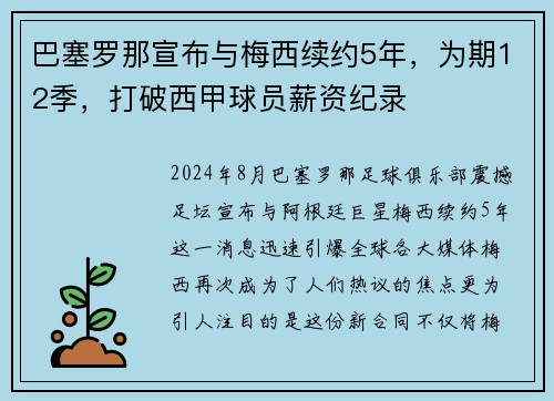 巴塞罗那宣布与梅西续约5年，为期12季，打破西甲球员薪资纪录