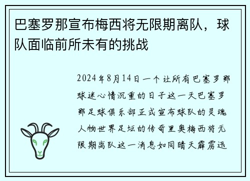 巴塞罗那宣布梅西将无限期离队，球队面临前所未有的挑战