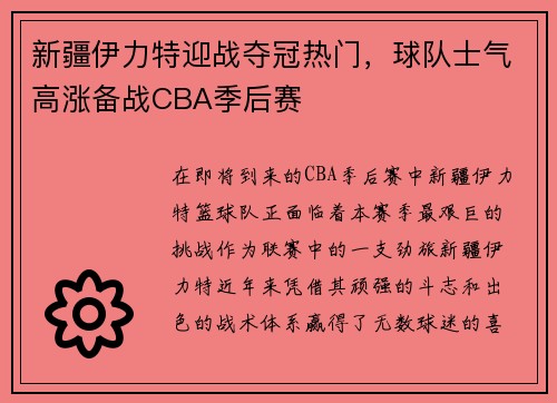 新疆伊力特迎战夺冠热门，球队士气高涨备战CBA季后赛